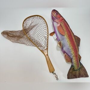 Vintage ORVIS Trout Net & 27” Rainbow Trout Fish Pillow Plush PLEASE READ BELOW